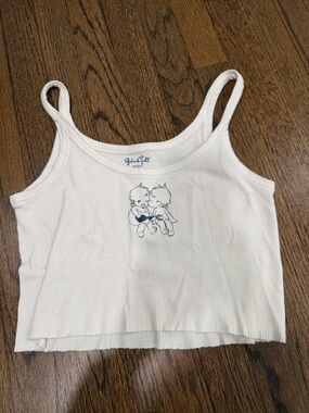 Brandy Melville White Ribbed Tank with Navy Cherub Graphic